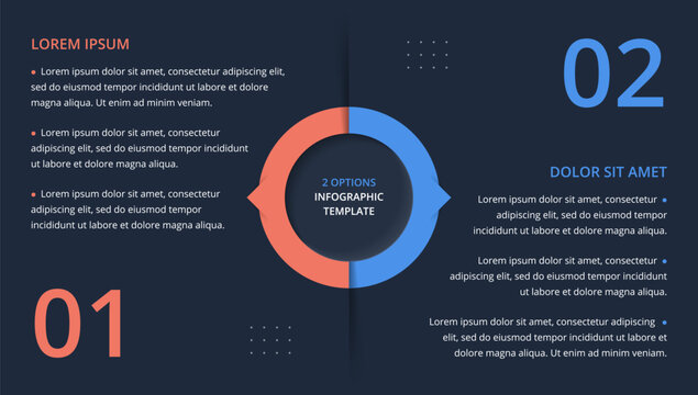Two options comparison circular infographic template featuring a central ring divided into left and right segments