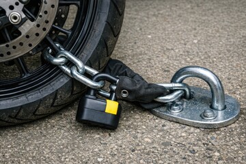 Naklejka premium A padlock attached to a motorcycle chain, ready to secure the bike