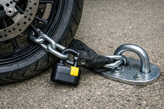 A padlock attached to a motorcycle chain, ready to secure the bike