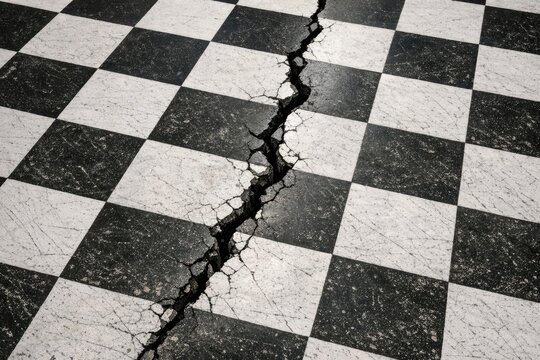 A cracked section on a classic black and white checkered floor