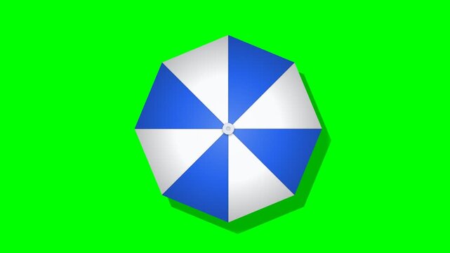 Top view of a blue and white striped beach umbrella on a green screen background.