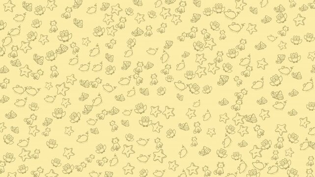 A charming and playful doodle pattern featuring numerous small, cute animals and stars scattered across a soft yellow background. This whimsical design is perfect for backgrounds, textures, or