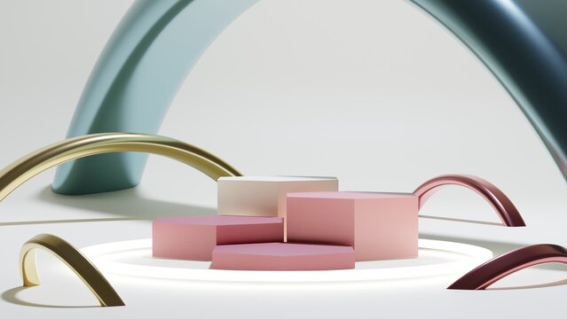 Elegant pink and gold hexagonal podium set with metallic rings for cosmetic product presentation 3D render