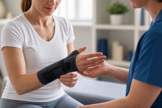 Patient adjusting a wrist brace during a physiotherapy session