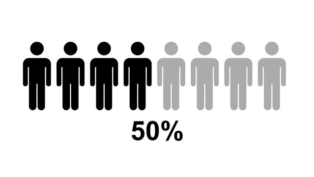 Human silhouettes representing fifty percent on a white background
