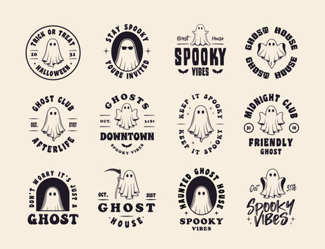 Vintage halloween ghost logo designs. Ghosts logo, badges and labels. Print for t-shirt, tee. Halloween signs set for poster, emblem, party invitation designs. Vector illustration