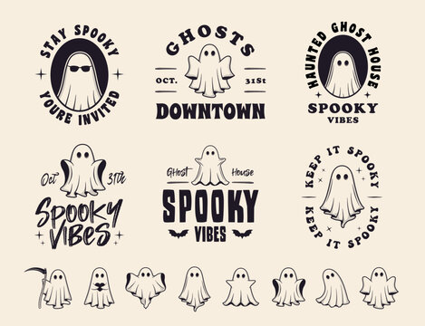Vintage Halloween logo set and 8 Ghost icons for halloween design. Halloween spooky emblems templates. 8 ghost illustrations. Vector illustration
