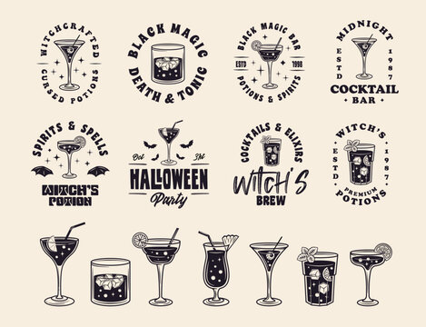 Vintage halloween Cocktails logo designs. Cocktails logo, badges and labels. Print for t-shirt, tee. 7 Cocktails icons set for poster, emblem, party invitation designs. Vector illustration