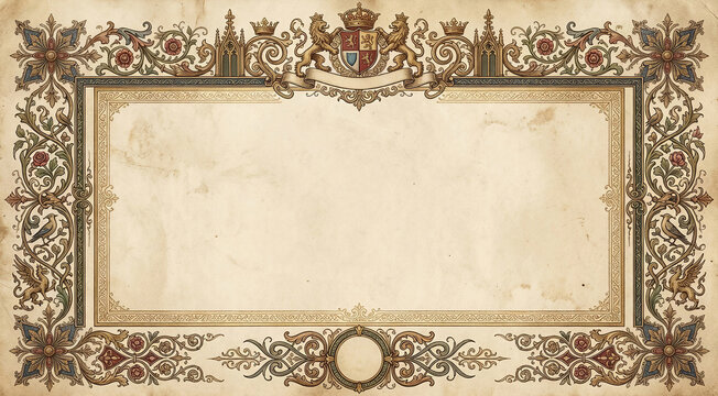 Classic floral parchment frame with heraldic crest and regal crowns for formal event invitation or historical document template.