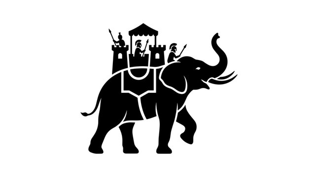 Silhouette of an elephant carrying a castle and people.