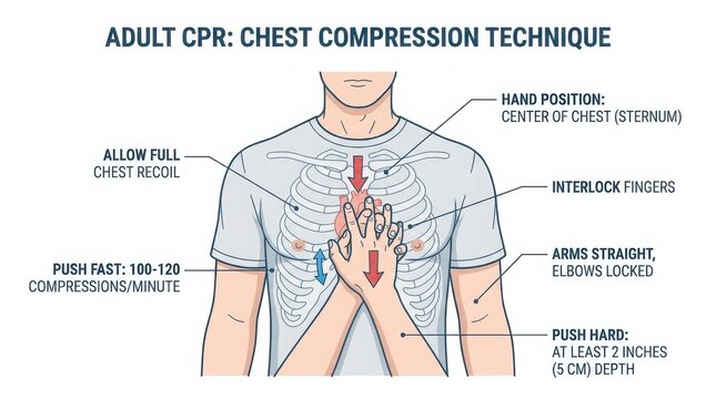 # Title

Adult CPR Chest Compression Technique with Hand Position and Proper Compression Depth Medical Infographic
