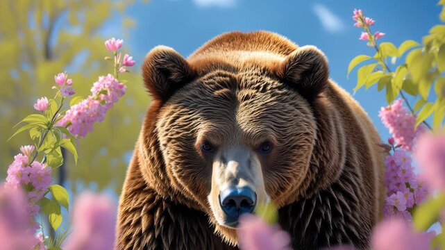Portrait of animal wild bear on background spring blooming flower garden outside AI Generative