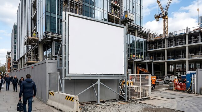 Blank billboard mockup on a city construction site with modern glass building background