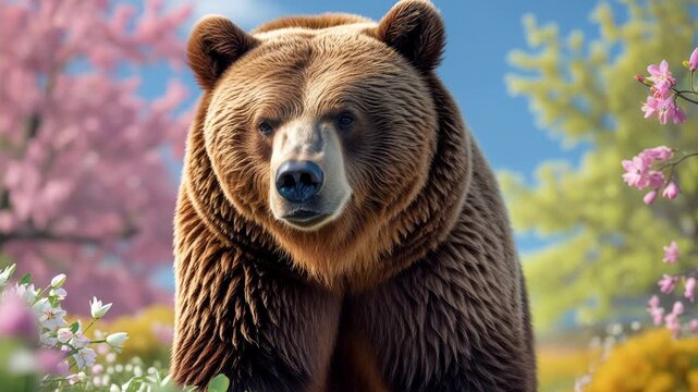 Portrait of animal wild bear on background spring blooming flower garden outside AI Generative