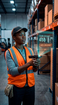 Focused warehouse worker scanning inventory as augmented reality discount hologram appears