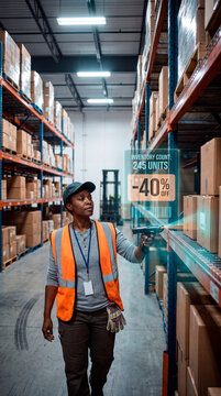Attentive warehouse worker scanning boxes beneath augmented reality inventory discount hologram