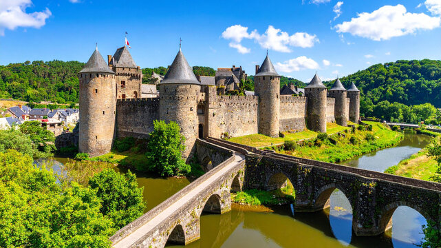 Medieval castle with bridge and moat, surrounded by lush green landscape on sunny day.