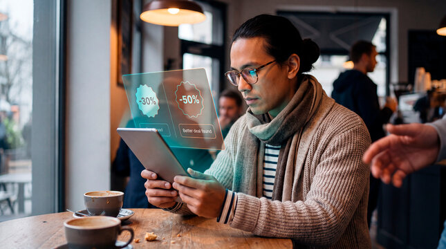Focused man comparing augmented reality discount offers on tablet at bustling cafe table