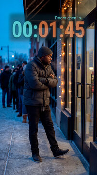 Resolute man waiting in winter line as augmented reality doors open countdown hologram appears