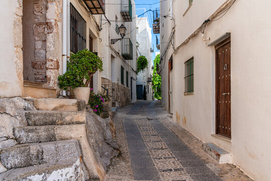 Scenic summer sight in Peniscola, beautiful seaside town in the Province of Castellon, Valencian Comunity, Spain.
