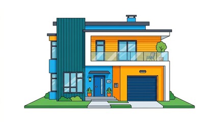 Naklejka premium Flat Color Vector House Illustration with Modern Family Home and Simple Architectural Design