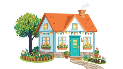Fototapeta premium Flat Color Vector House Illustration with Modern Family Home and Simple Architectural Design
