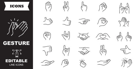 Fototapeta premium People hand gestures outline vector collection. handshake icon set, thumbs down icon set, pointing icon set