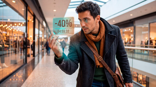Focused man checking augmented reality discount countdown hologram while walking through mall