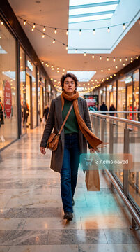 Determined woman walking mall corridor as augmented reality items saved cart hologram appears
