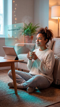 Content woman sipping coffee as augmented reality price dropped chart hologram glows at home