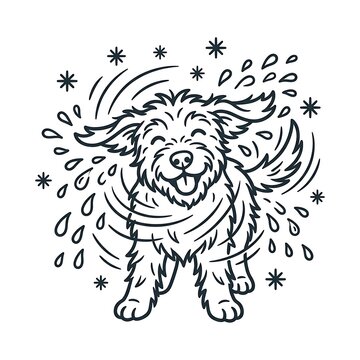 Happy curly haired dog playing in the rain
