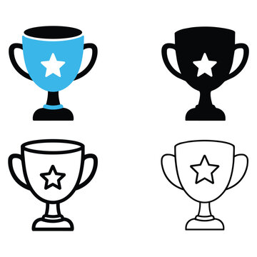 Set of four different trophy icon designs with stars, including blue, solid black, outline, and thin line styles editable stroke