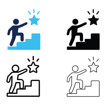 Set of success icons, person climbing stairs towards a star symbol, achievement and career growth vector illustration, editable stroke