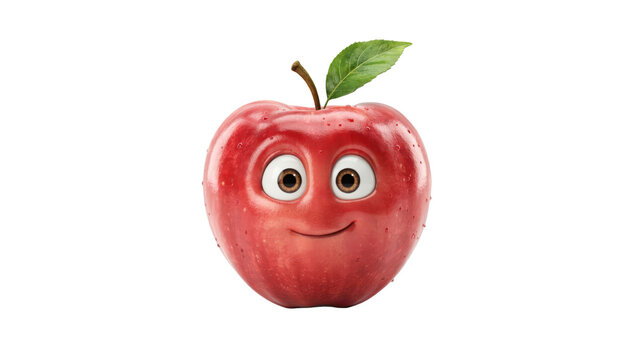 A red apple character with large eyes and a smiling face expression isolated on a transparent background