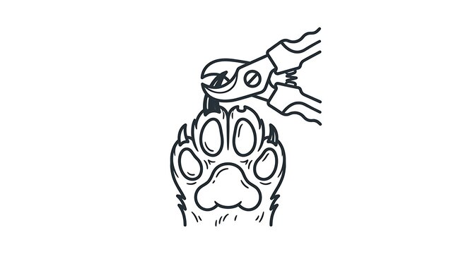 Simple black and white cat paw with claws detailed vector illustration