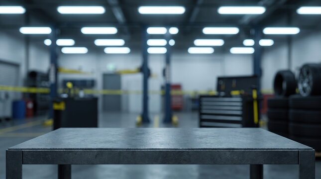 High quality photo of empty dark metal table top on blurred automotive workshop background.
