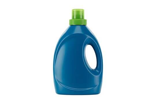 Blue plastic bottle of liquid laundry detergent with a green cap isolated on white background