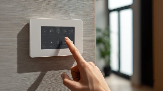A hand touching a digital smart home control panel on a wall