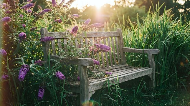 Wooden garden bench surrounded by blooming purple flowers and lush