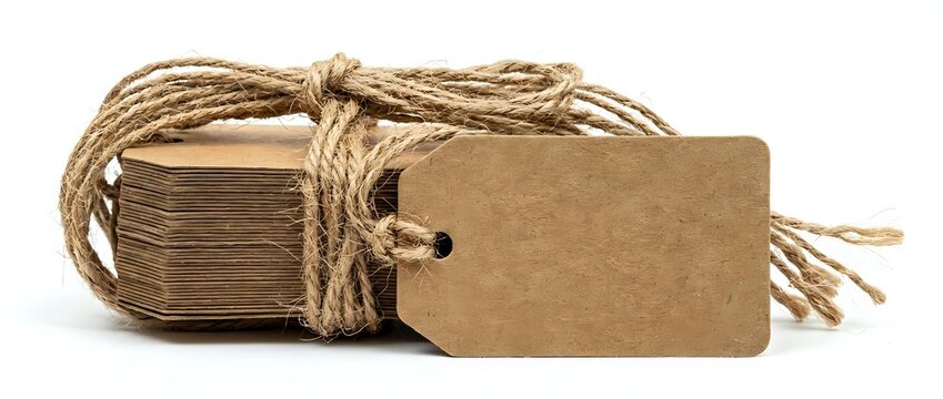 Stack of kraft paper gift tags with natural twine string attached