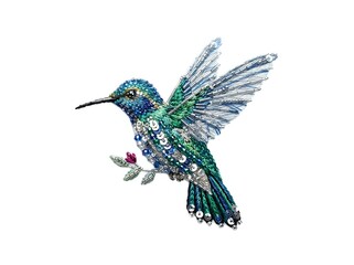 Fototapeta premium Hummingbird with iridescent emerald and blue plumage hovering