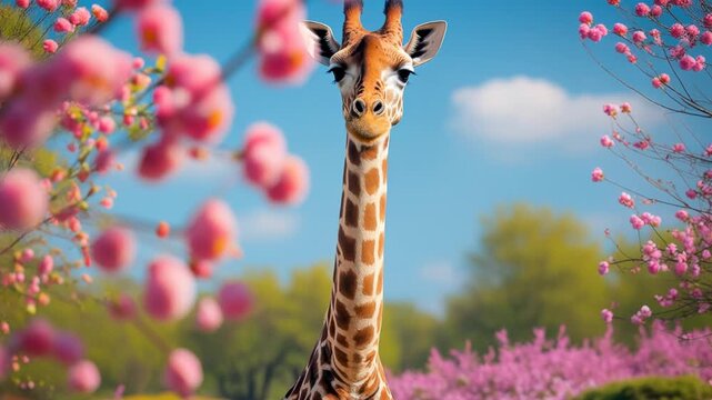 Portrait of giraffe animal pet on background spring blooming flower garden outside AI Generative