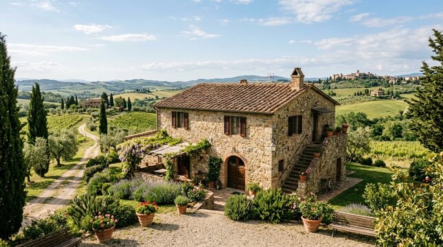 Tuscan farmhouse with vineyards and rolling hills under a blue sky