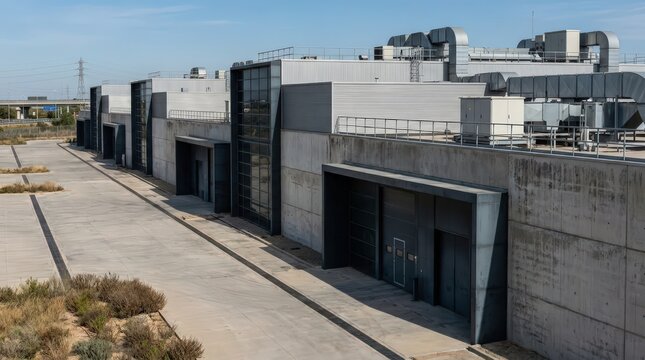 Modern Industrial Building Facade with Concrete and Glass Elements.