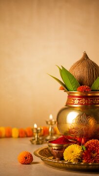Gujarati New Year concept with auspicious kalash with coconut and flowers
