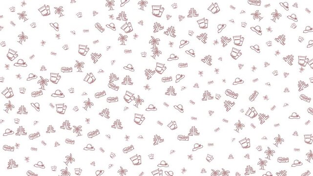 A delightful and simple pattern featuring vacation-themed icons such as palm trees, hats, sunglasses, and suitcases, scattered across a clean white background, perfect for summer travel themes.
