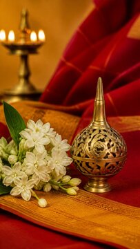 Karnataka Rajyotsava concept with traditional brass ornament with jasmine on silk