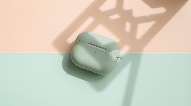 Wireless earbuds in mint green case on split pastel background