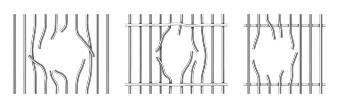 Realistic broken prison bars set with bent metal jail grates, damaged steel cage barrier and escape hole, isolated security cell vector elements for game design