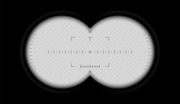 Realistic binoculars scope vector overlay with rangefinder reticle, tactical viewfinder crosshair HUD interface on transparent background for gaming and surveillance